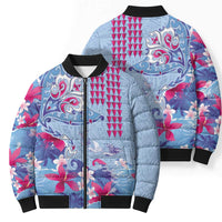 Hawaiian Tribal Manta Ray Bomber Puffer Jacket Kakau Tattoo and Flowers Surfing Waves Pattern Soft Color