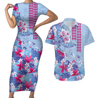 Hawaiian Tribal Manta Ray Couples Matching Short Sleeve Bodycon Dress and Hawaiian Shirt Kakau Tattoo and Flowers Surfing Waves Pattern Soft Color LT03 Multicolor - Polynesian Pride