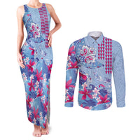 Hawaiian Tribal Manta Ray Couples Matching Tank Maxi Dress and Long Sleeve Button Shirt Kakau Tattoo and Flowers Surfing Waves Pattern Soft Color LT03 Multicolor - Polynesian Pride