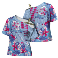 Hawaiian Tribal Manta Ray Cross Shoulder Shirt Kakau Tattoo and Flowers Surfing Waves Pattern Soft Color