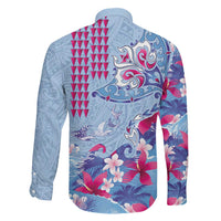 Hawaiian Tribal Manta Ray Family Matching Long Sleeve Bodycon Dress and Hawaiian Shirt Kakau Tattoo and Flowers Surfing Waves Pattern Soft Color LT03 - Polynesian Pride