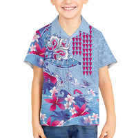 Hawaiian Tribal Manta Ray Kid Hawaiian Shirt Kakau Tattoo and Flowers Surfing Waves Pattern Soft Color