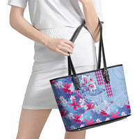 Hawaiian Tribal Manta Ray Leather Tote Bag Kakau Tattoo and Flowers Surfing Waves Pattern Soft Color