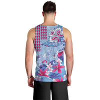 Hawaiian Tribal Manta Ray Men Tank Top Kakau Tattoo and Flowers Surfing Waves Pattern Soft Color