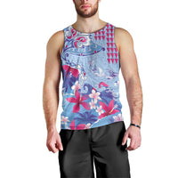 Hawaiian Tribal Manta Ray Men Tank Top Kakau Tattoo and Flowers Surfing Waves Pattern Soft Color