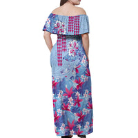 Hawaiian Tribal Manta Ray Off Shoulder Maxi Dress Kakau Tattoo and Flowers Surfing Waves Pattern Soft Color