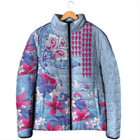 Hawaiian Tribal Manta Ray Padded Jacket Kakau Tattoo and Flowers Surfing Waves Pattern Soft Color