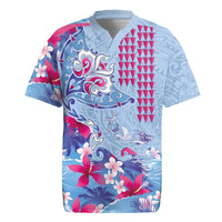 Hawaiian Tribal Manta Ray Rugby Jersey Kakau Tattoo and Flowers Surfing Waves Pattern Soft Color