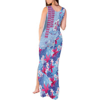 Hawaiian Tribal Manta Ray Tank Maxi Dress Kakau Tattoo and Flowers Surfing Waves Pattern Soft Color