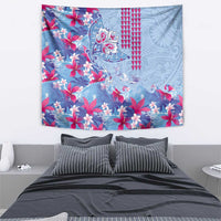 Hawaiian Tribal Manta Ray Tapestry Kakau Tattoo and Flowers Surfing Waves Pattern Soft Color