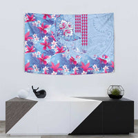 Hawaiian Tribal Manta Ray Tapestry Kakau Tattoo and Flowers Surfing Waves Pattern Soft Color