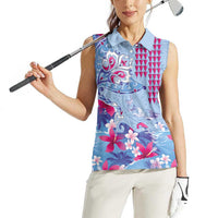 Hawaiian Tribal Manta Ray Women Sleeveless Polo Shirt Kakau Tattoo and Flowers Surfing Waves Pattern Soft Color LT03 - Polynesian Pride
