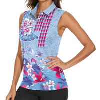Hawaiian Tribal Manta Ray Women Sleeveless Polo Shirt Kakau Tattoo and Flowers Surfing Waves Pattern Soft Color LT03 - Polynesian Pride