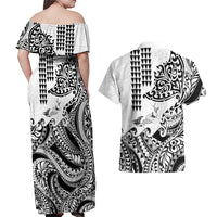 Hawaiian Tribal Manta Ray Couples Matching Off Shoulder Maxi Dress and Hawaiian Shirt Kakau Tattoo and Polynesian Art Motif Pattern LT03 - Polynesian Pride