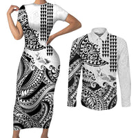 Hawaiian Tribal Manta Ray Couples Matching Short Sleeve Bodycon Dress and Long Sleeve Button Shirt Kakau Tattoo and Polynesian Art Motif Pattern LT03 Multicolor - Polynesian Pride