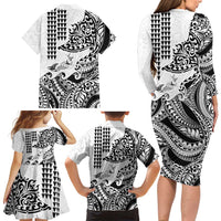 Hawaiian Tribal Manta Ray Family Matching Long Sleeve Bodycon Dress and Hawaiian Shirt Kakau Tattoo and Polynesian Art Motif Pattern LT03 - Polynesian Pride
