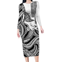 Hawaiian Tribal Manta Ray Long Sleeve Bodycon Dress Kakau Tattoo and Polynesian Art Motif Pattern