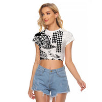 Hawaiian Tribal Manta Ray Raglan Cropped T Shirt Kakau Tattoo and Polynesian Art Motif Pattern