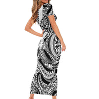 Hawaiian Tribal Manta Ray Short Sleeve Bodycon Dress Kakau Tattoo and Polynesian Art Motif Pattern