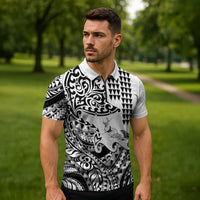 Hawaiian Tribal Manta Ray Zipper Polo Shirt Kakau Tattoo and Polynesian Art Motif Pattern