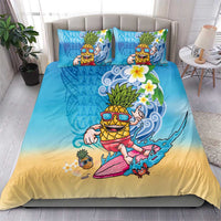 Hawaiian Funny Pineapple Surfing Bedding Set Beach with Tribal Kakau and Plumeria