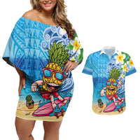 Hawaiian Funny Pineapple Surfing Couples Matching Off Shoulder Short Dress and Hawaiian Shirt Beach with Tribal Kakau and Plumeria LT03 Multicolor - Polynesian Pride