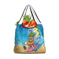 Hawaiian Funny Pineapple Surfing Grocery Bag Beach with Tribal Kakau and Plumeria