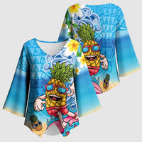 Hawaiian Funny Pineapple Surfing Kimono Sleeve Blouse Beach with Tribal Kakau and Plumeria