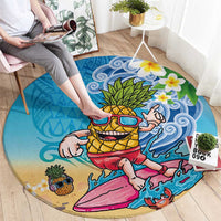 Hawaiian Funny Pineapple Surfing Round Carpet Beach with Tribal Kakau and Plumeria