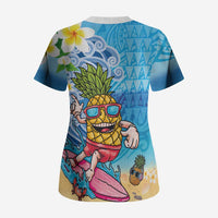 Hawaiian Funny Pineapple Surfing Scrub Top Beach with Tribal Kakau and Plumeria
