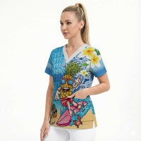Hawaiian Funny Pineapple Surfing Scrub Top Beach with Tribal Kakau and Plumeria