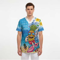 Hawaiian Funny Pineapple Surfing Scrub Top Beach with Tribal Kakau and Plumeria