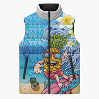 Hawaiian Funny Pineapple Surfing Sleeveless Puffer Jacket Beach with Tribal Kakau and Plumeria
