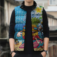 Hawaiian Funny Pineapple Surfing Sleeveless Puffer Jacket Beach with Tribal Kakau and Plumeria