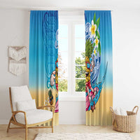 Hawaiian Funny Pineapple Surfing Window Curtain Beach with Tribal Kakau and Plumeria