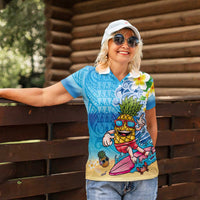 Hawaiian Funny Pineapple Surfing Women Polo Shirt Beach with Tribal Kakau and Plumeria LT03 - Polynesian Pride