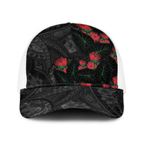 Hawaiian Taro Leaves and Ohia Lehua Baseball Net Cap Polynesian Tribal Art Tropical Plants Motifs Grayscale