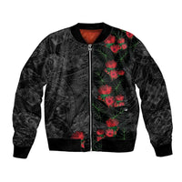 Hawaiian Taro Leaves and Ohia Lehua Bomber Jacket Polynesian Tribal Art Tropical Plants Motifs Grayscale