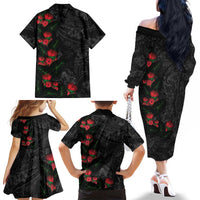 Hawaiian Taro Leaves and Ohia Lehua Family Matching Off The Shoulder Long Sleeve Dress and Hawaiian Shirt Polynesian Tribal Art Tropical Plants Motifs Grayscale LT03 - Polynesian Pride