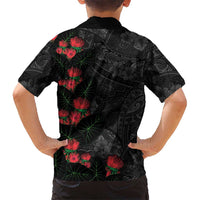 Hawaiian Taro Leaves and Ohia Lehua Family Matching Off Shoulder Short Dress and Hawaiian Shirt Polynesian Tribal Art Tropical Plants Motifs Grayscale LT03 - Polynesian Pride