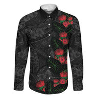 Hawaiian Taro Leaves and Ohia Lehua Family Matching Off Shoulder Short Dress and Hawaiian Shirt Polynesian Tribal Art Tropical Plants Motifs Grayscale LT03 Dad's Shirt - Long Sleeve Multicolor - Polynesian Pride