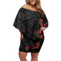Hawaiian Taro Leaves and Ohia Lehua Family Matching Off Shoulder Short Dress and Hawaiian Shirt Polynesian Tribal Art Tropical Plants Motifs Grayscale LT03 Mom's Dress Multicolor - Polynesian Pride
