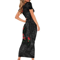 Hawaiian Taro Leaves and Ohia Lehua Family Matching Short Sleeve Bodycon Dress and Hawaiian Shirt Polynesian Tribal Art Tropical Plants Motifs Grayscale LT03 - Polynesian Pride