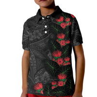 Hawaiian Taro Leaves and Ohia Lehua Kid Polo Shirt Polynesian Tribal Art Tropical Plants Motifs Grayscale LT03 Kid Multicolor - Polynesian Pride