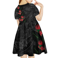 Hawaiian Taro Leaves and Ohia Lehua Kid Short Sleeve Dress Polynesian Tribal Art Tropical Plants Motifs Grayscale LT03 - Polynesian Pride