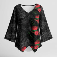 Hawaiian Taro Leaves and Ohia Lehua Kimono Sleeve Blouse Polynesian Tribal Art Tropical Plants Motifs Grayscale LT03 Female Multicolor - Polynesian Pride