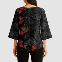 Hawaiian Taro Leaves and Ohia Lehua Kimono Sleeve Blouse Polynesian Tribal Art Tropical Plants Motifs Grayscale LT03 - Polynesian Pride