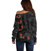 Hawaiian Taro Leaves and Ohia Lehua Off Shoulder Sweater Polynesian Tribal Art Tropical Plants Motifs Grayscale LT03 - Polynesian Pride
