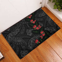 Hawaiian Taro Leaves and Ohia Lehua Rubber Doormat Polynesian Tribal Art Tropical Plants Motifs Grayscale LT03 - Polynesian Pride