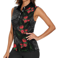 Hawaiian Taro Leaves and Ohia Lehua Women Sleeveless Polo Shirt Polynesian Tribal Art Tropical Plants Motifs Grayscale LT03 - Polynesian Pride